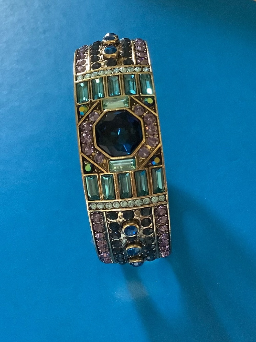 Heidi Daus Lavish Layers Art Deco Large Hinged Bangle Bracelet Blue Multi SZ M - Picture 2 of 12